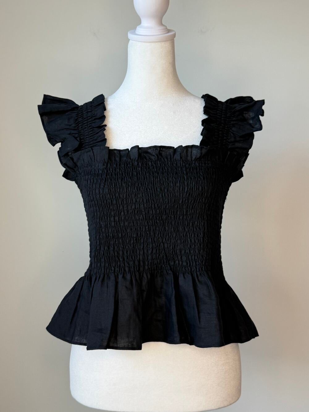 Hill House Home The Nap Linen Top Black Smocked Ruffle Top NWT Large